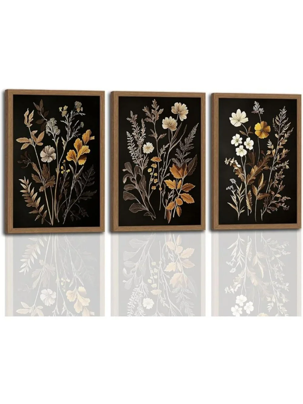 Set of 3 Framed Vintage Black Flower Botanical Wall Art - Dark Academia Decor